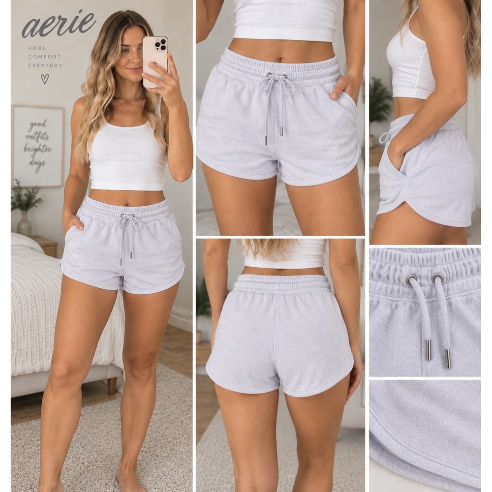 Aerie Shorts Womens L Light Lavender Cotton Blend Drawstring Lounge Dolphin Hem